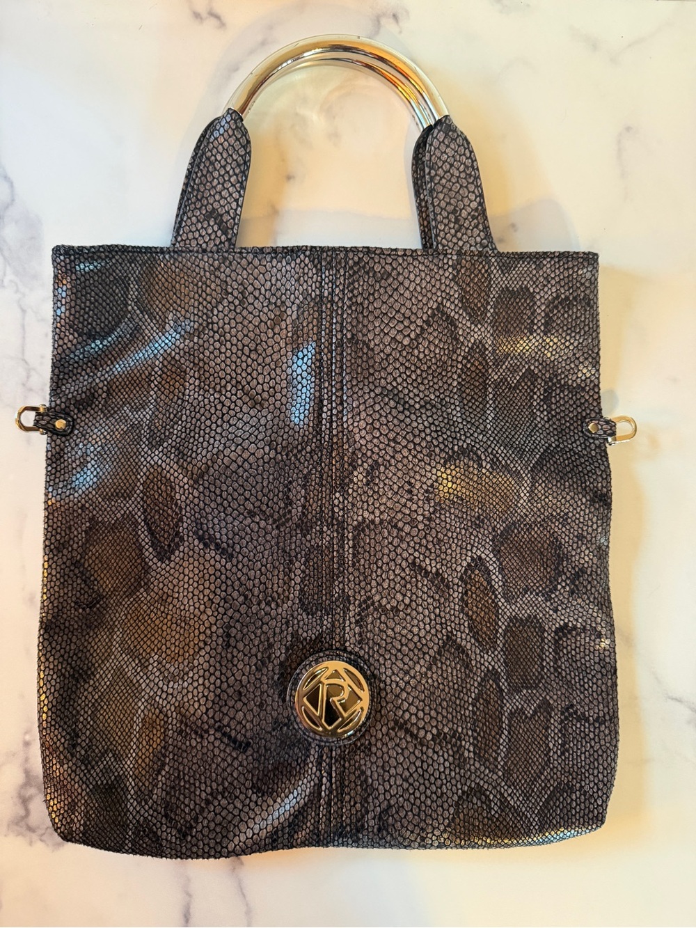Kim Rogers Black Bronze Snakeskin Print Handbag Gold Ring Handles
